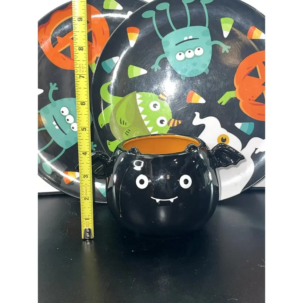 Halloween Serving Set Cauldron Bowl & 2 Plates Pumpkin Frankenstein Bat